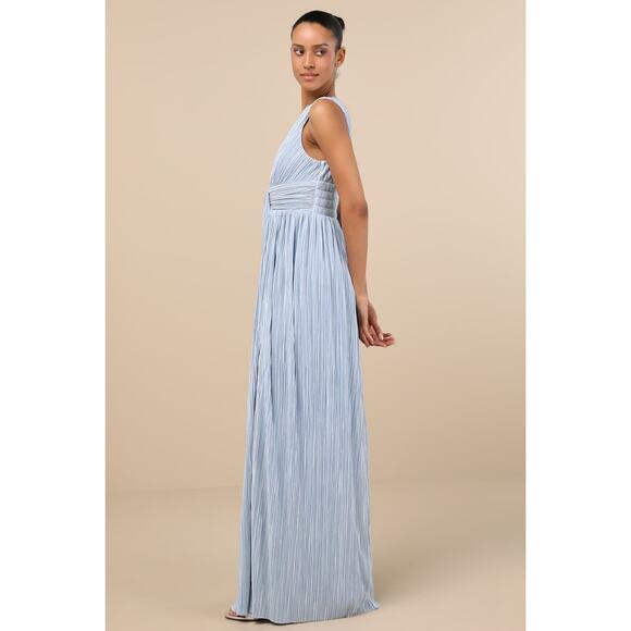 NWT Lulus Melitta Light Blue Plisse Sash Maxi Dress Wedding Bridesmaid Size L - Picture 8 of 9